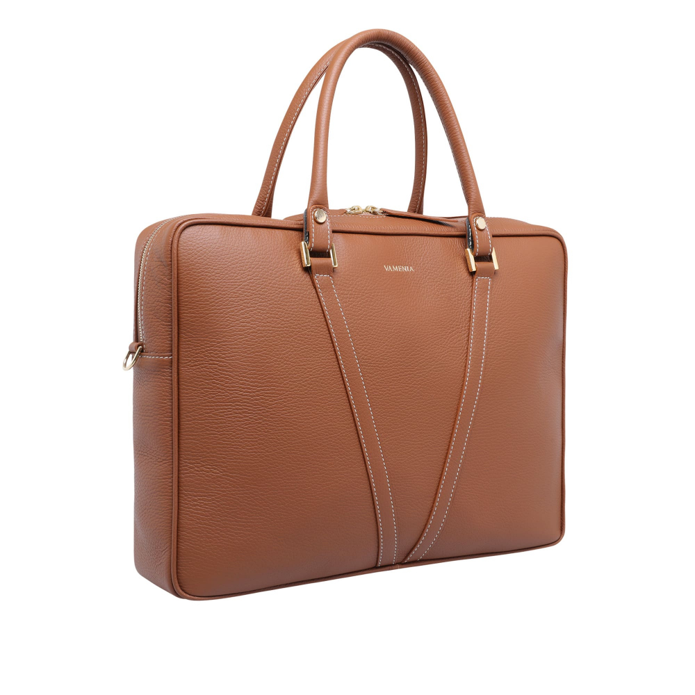 Briefcase made of grained calf leather brown contrast stitching